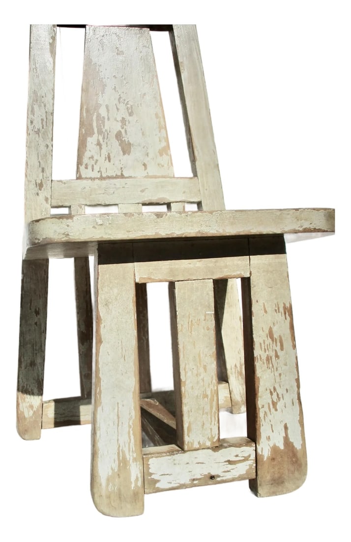 Childs Wooden Mission Style Chair: Mission-style child's seat with a distressed paint finish, original painted surface, highly worn and chipped surfaces. A very well-built chair with solid wood board construction. Small scale for