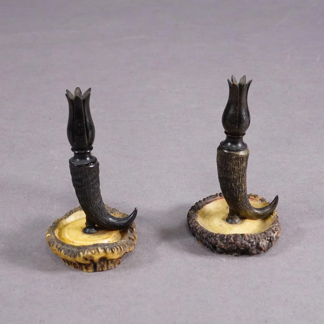 Vintage Pair of Candle Sticks With Real Chamois Horn, Circa 1950s - 3