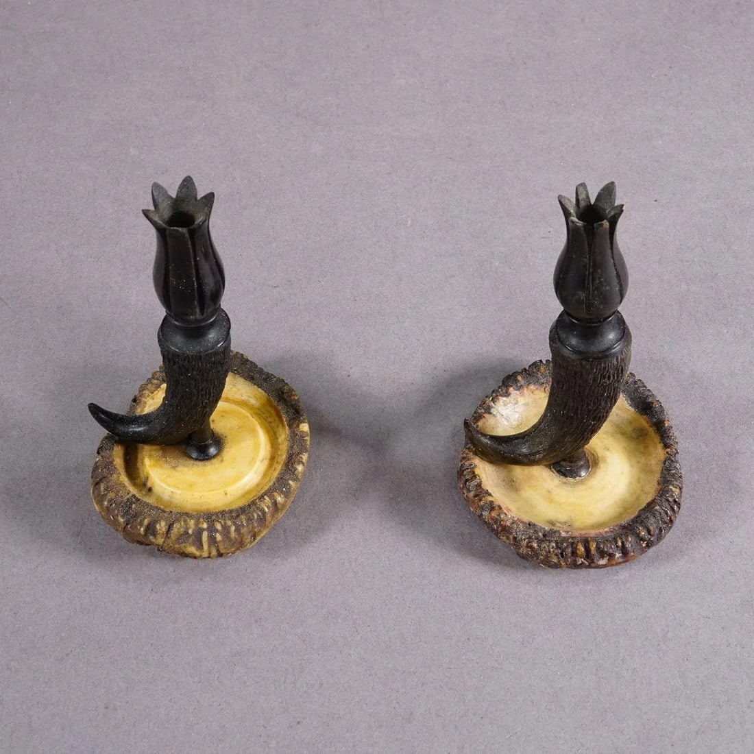 Vintage Pair of Candle Sticks With Real Chamois Horn, Circa 1950s - 6