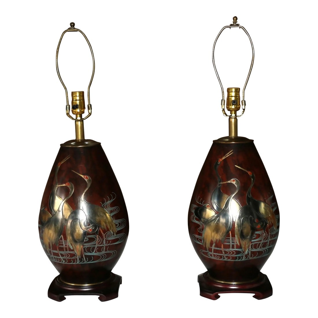 Vintage Pair of Marbro Mixed Metal Table Lamps Bronze, 1950s: Spectacular pair of vintage table lamps produced by The Marbro Lamp Company, originally from the 1950's. This wonderful pair of table lamps are sculptural, mid-century modern, featuring an inlaid desi