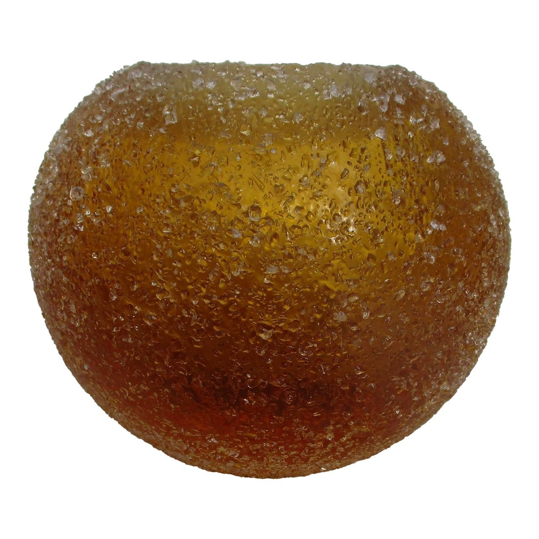 Amber Glass Globe Studio Vase: Studio Art Glass. Heavy-formed amber glass globe with a crushed glass-coated surface. Very thick walls with two layers of amber color and an equally heavy coat of clear ( note the color in the