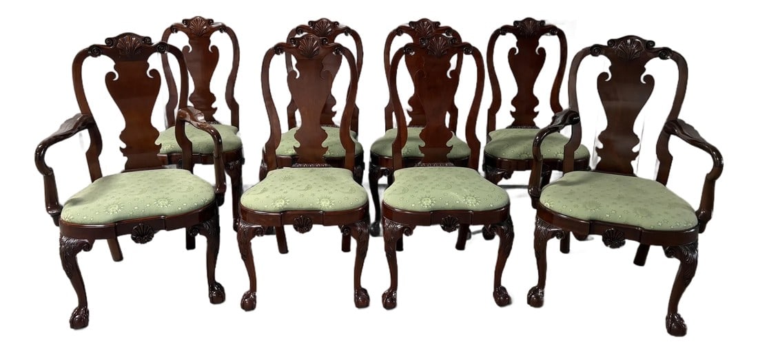 Set of 8 Mahogany Dining Chairs by Kindel, 20th Century: Set of Eight Mahogany Dining Chairs by Kindel, 20th Century Winterthur collection ball and claw feet. Two arm chairs and six side chairs Side 21.25 w x 18.25" d x 42.5" h - seat 20" h Arm 26" w x 21"