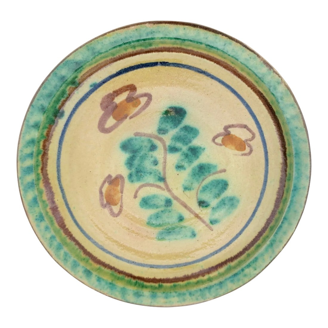 Sicillian Folk Plate From Burgio: Classic pattern and known Sicilian plates. Hand-thrown Stoneware and hand-painted pattern on the plates, Glossy glaze to the face. Grainy, gritty, and earthy folk art. The measurements are 8.75" in