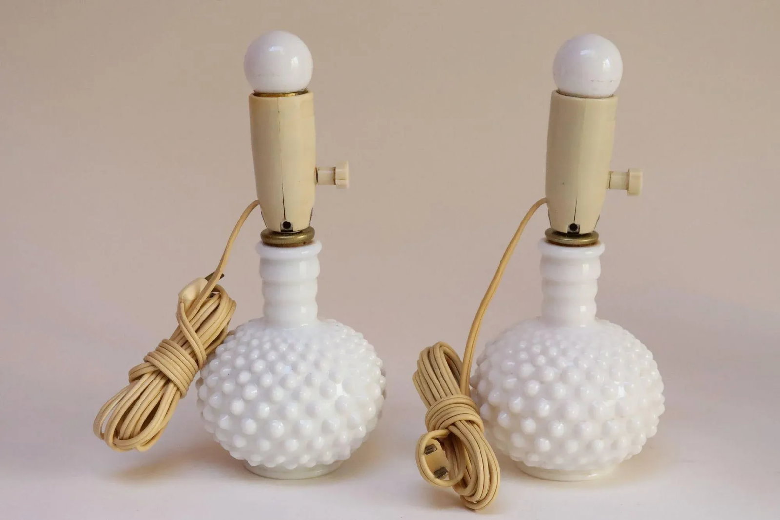 Pair of Petite Mid-Century Modern Hobnail Milk Glass Boudoir Bedside Table Lamps - 2