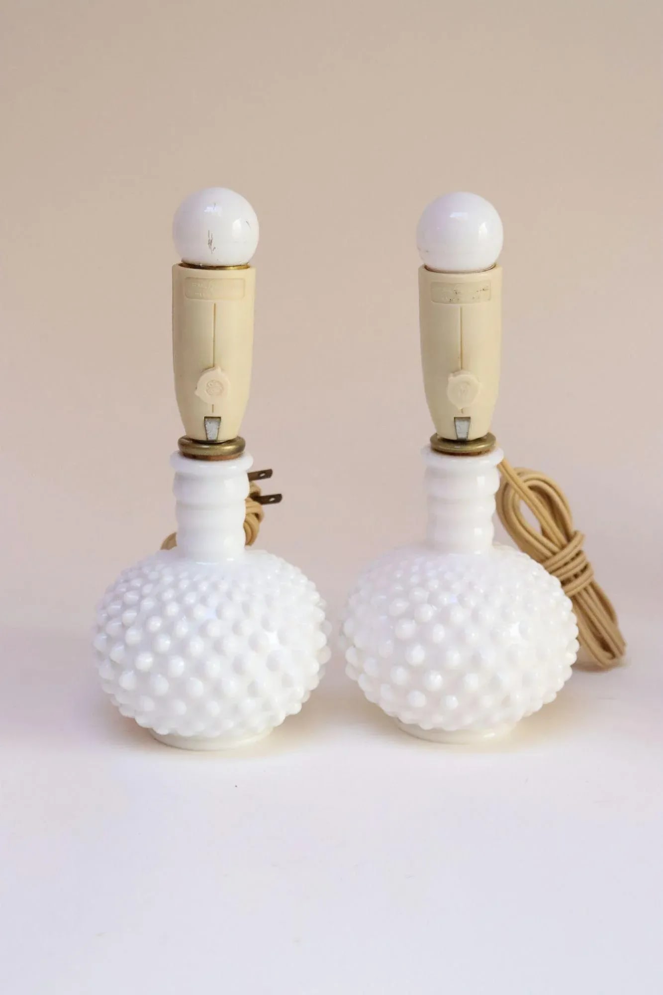 Pair of Petite Mid-Century Modern Hobnail Milk Glass Boudoir Bedside Table Lamps - 4