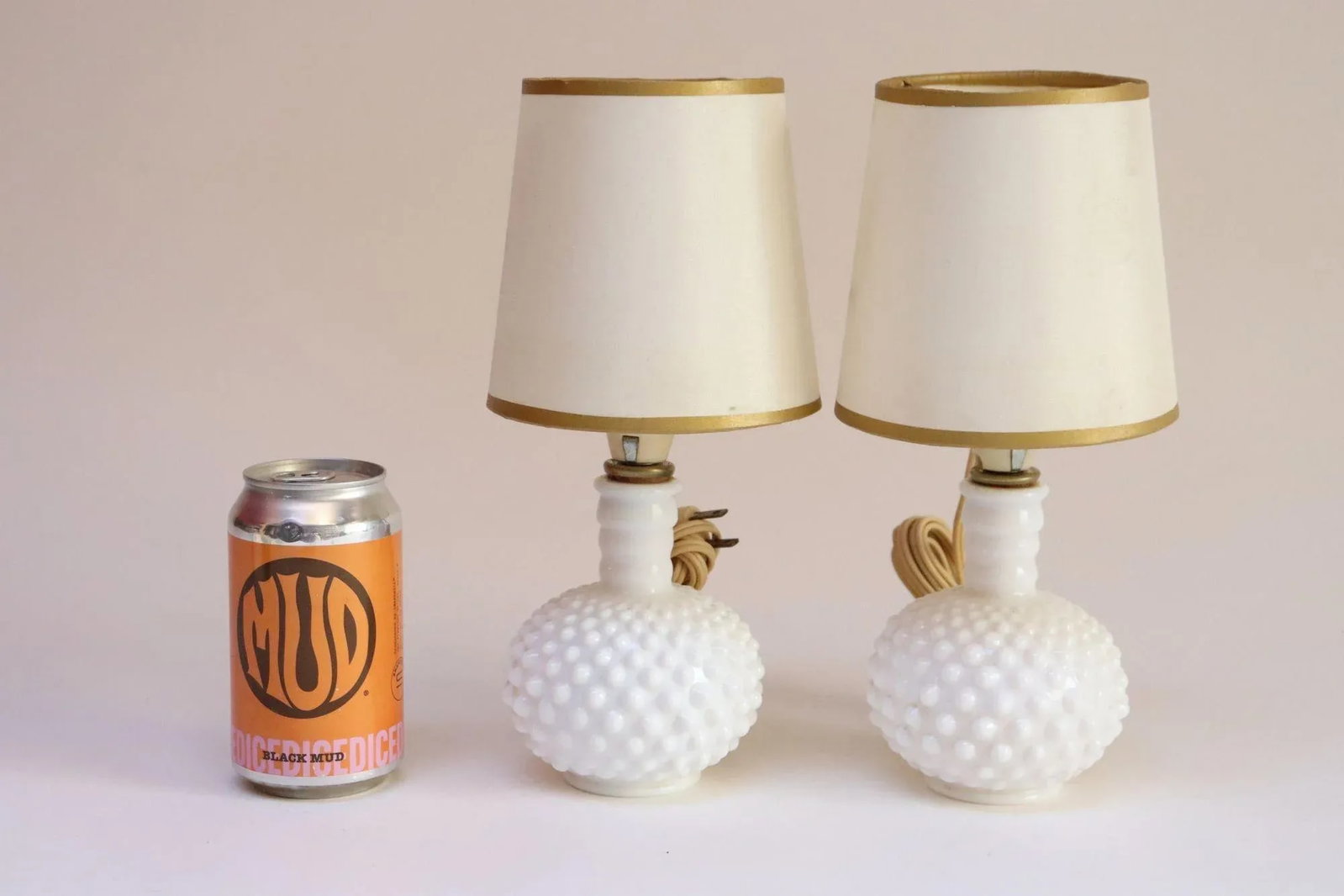Pair of Petite Mid-Century Modern Hobnail Milk Glass Boudoir Bedside Table Lamps - 7