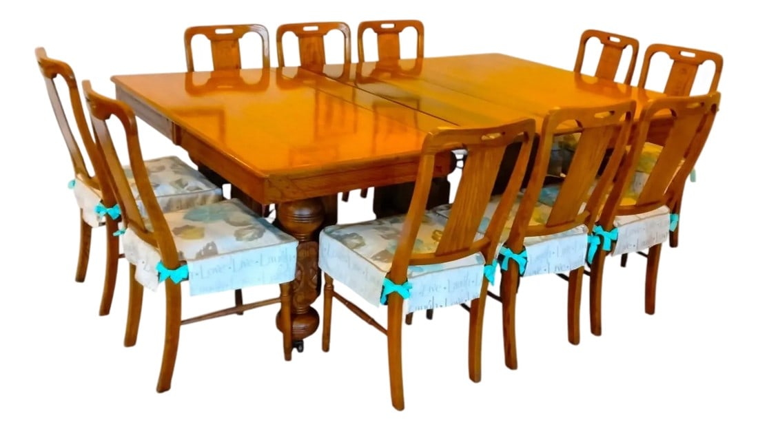 1880s Golden Oak Gilded Age Custom Made Dining Set With 10 Chairs: This custom-made dining set has been in a single family for six generations, dating back to 1880s Chicago, IL. Gorgeous golden tiger oak, cottage-style, in excellent vintage condition. Original owner