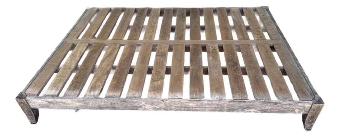 Restoration Hardware Solid Teak Outdoor Platform Base/Chaise Lounge: Beautifully chaise lounge design by Restoration Hardware. This wonderful piece is crafted from solid teak wood and features a sturdy slatted design with a natural weathered patina that showcases its