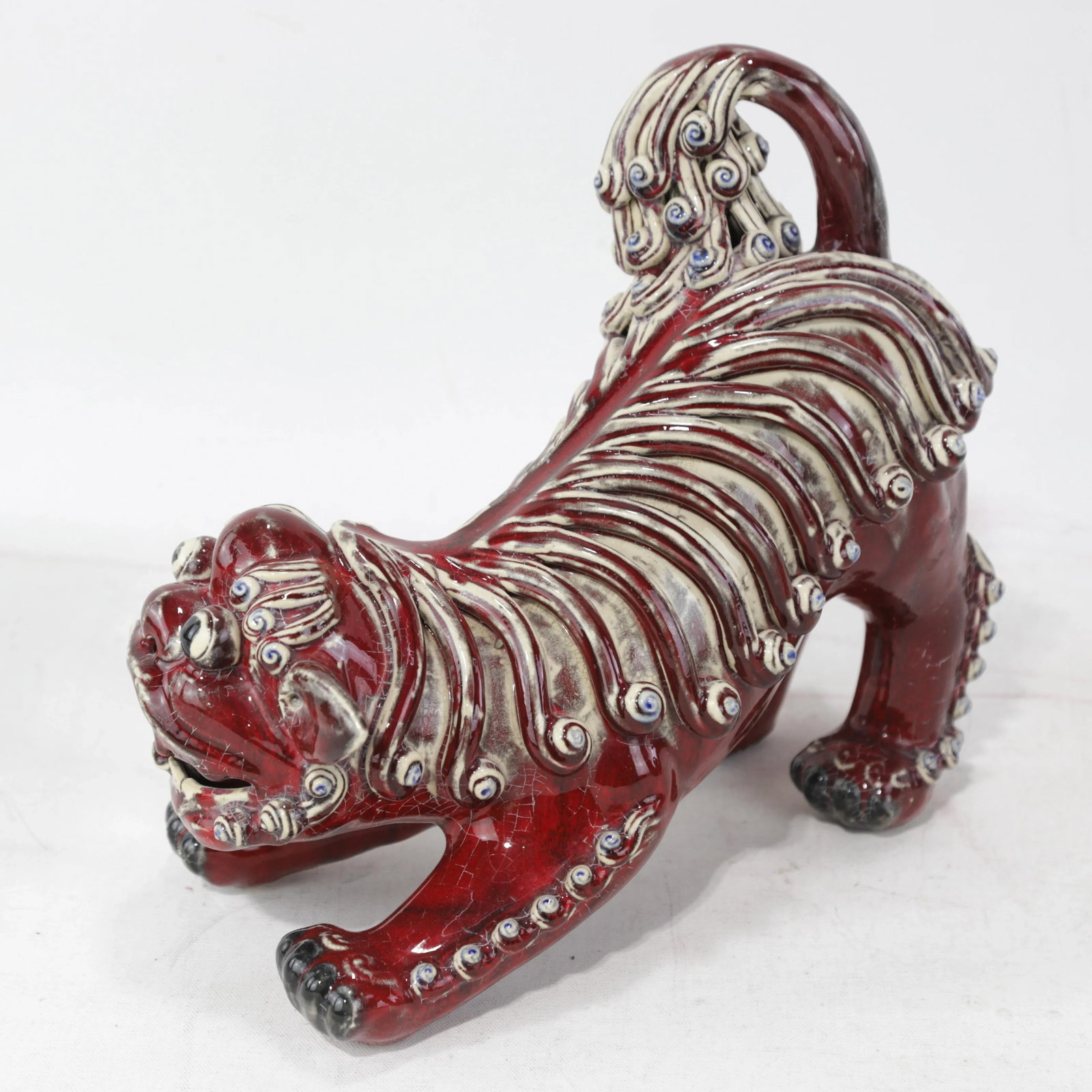 Pair of Chinese Shiwan Guangdong Red Porcelain Foo Dogs - 12
