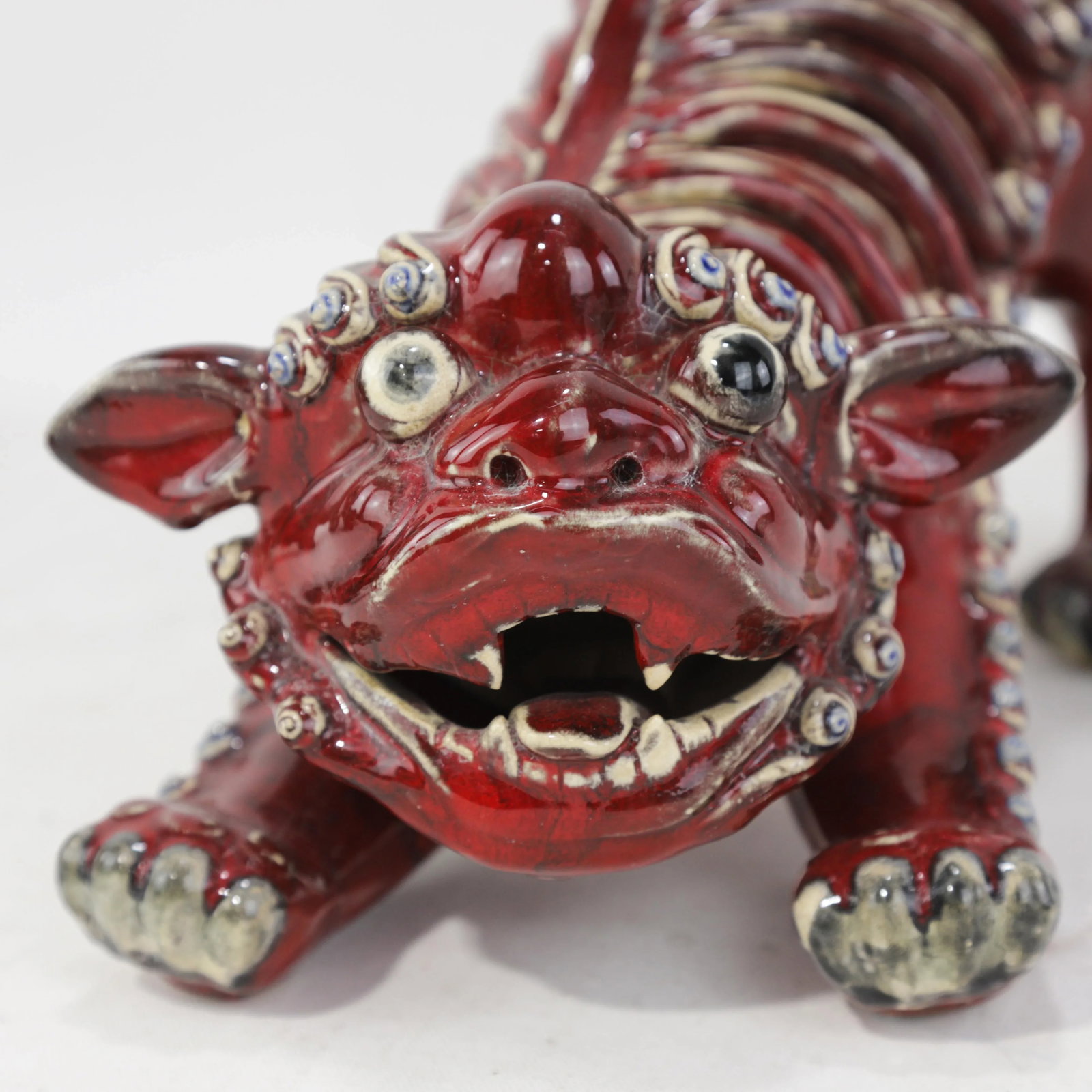 Pair of Chinese Shiwan Guangdong Red Porcelain Foo Dogs - 13