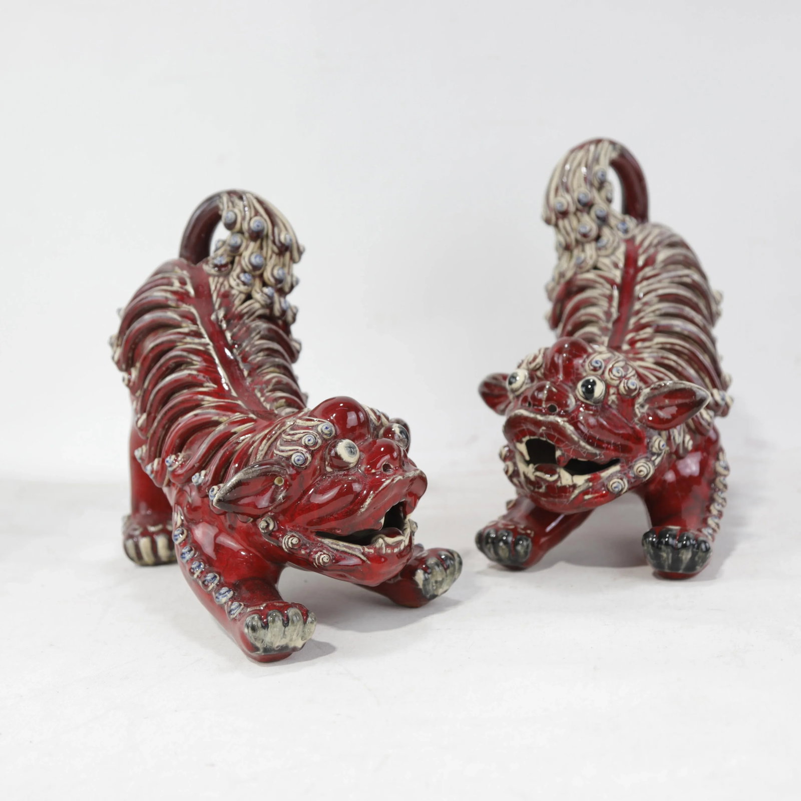 Pair of Chinese Shiwan Guangdong Red Porcelain Foo Dogs - 16