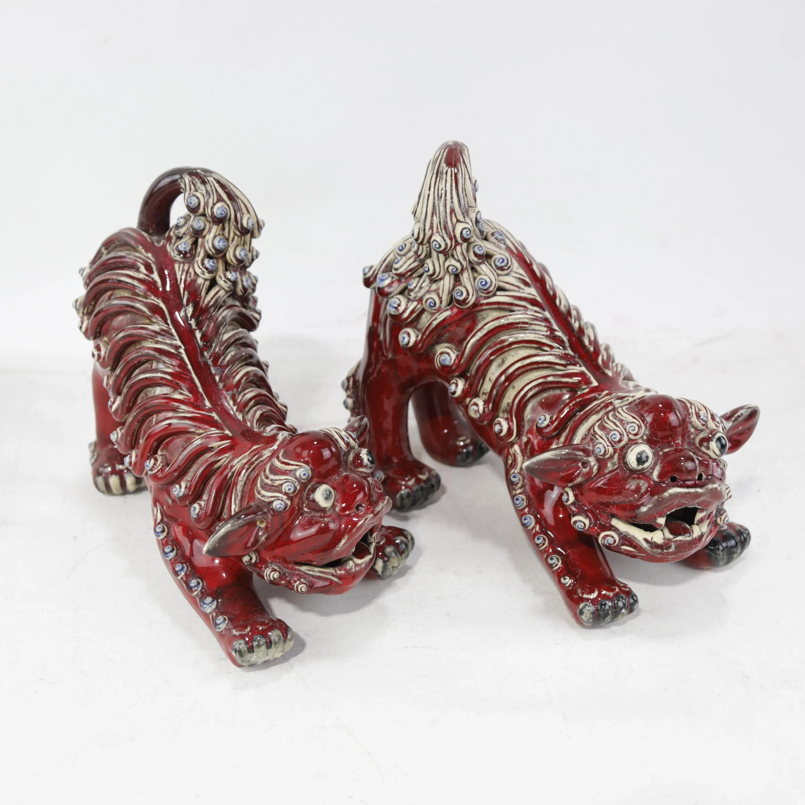 Pair of Chinese Shiwan Guangdong Red Porcelain Foo Dogs - 2