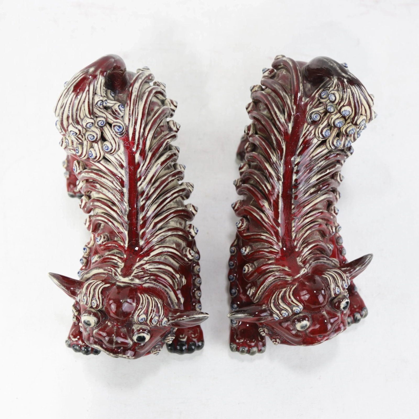 Pair of Chinese Shiwan Guangdong Red Porcelain Foo Dogs - 3