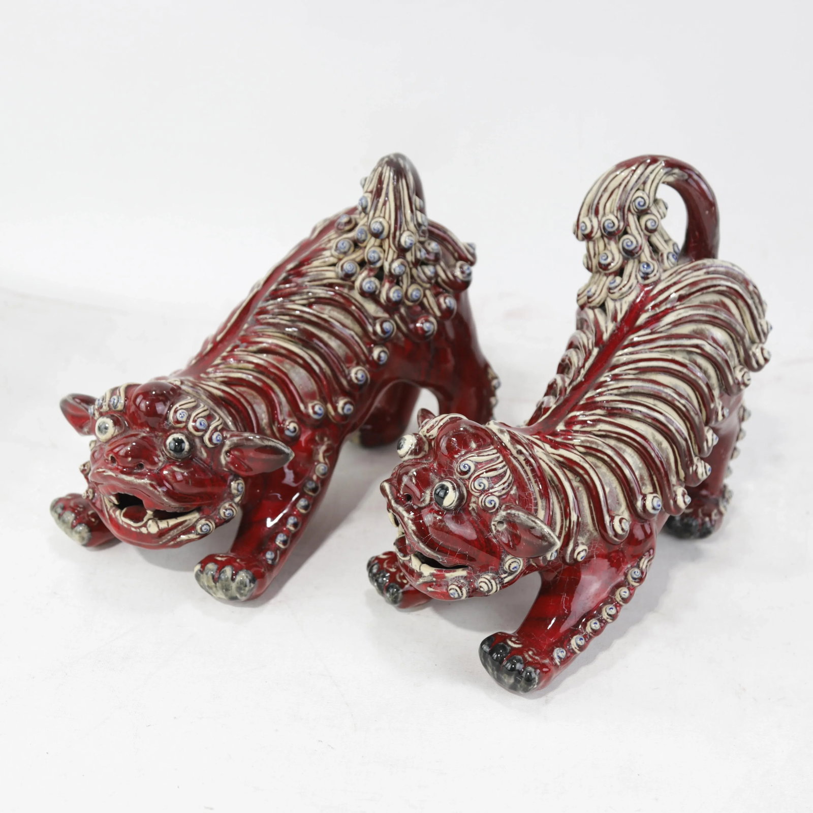 Pair of Chinese Shiwan Guangdong Red Porcelain Foo Dogs - 4