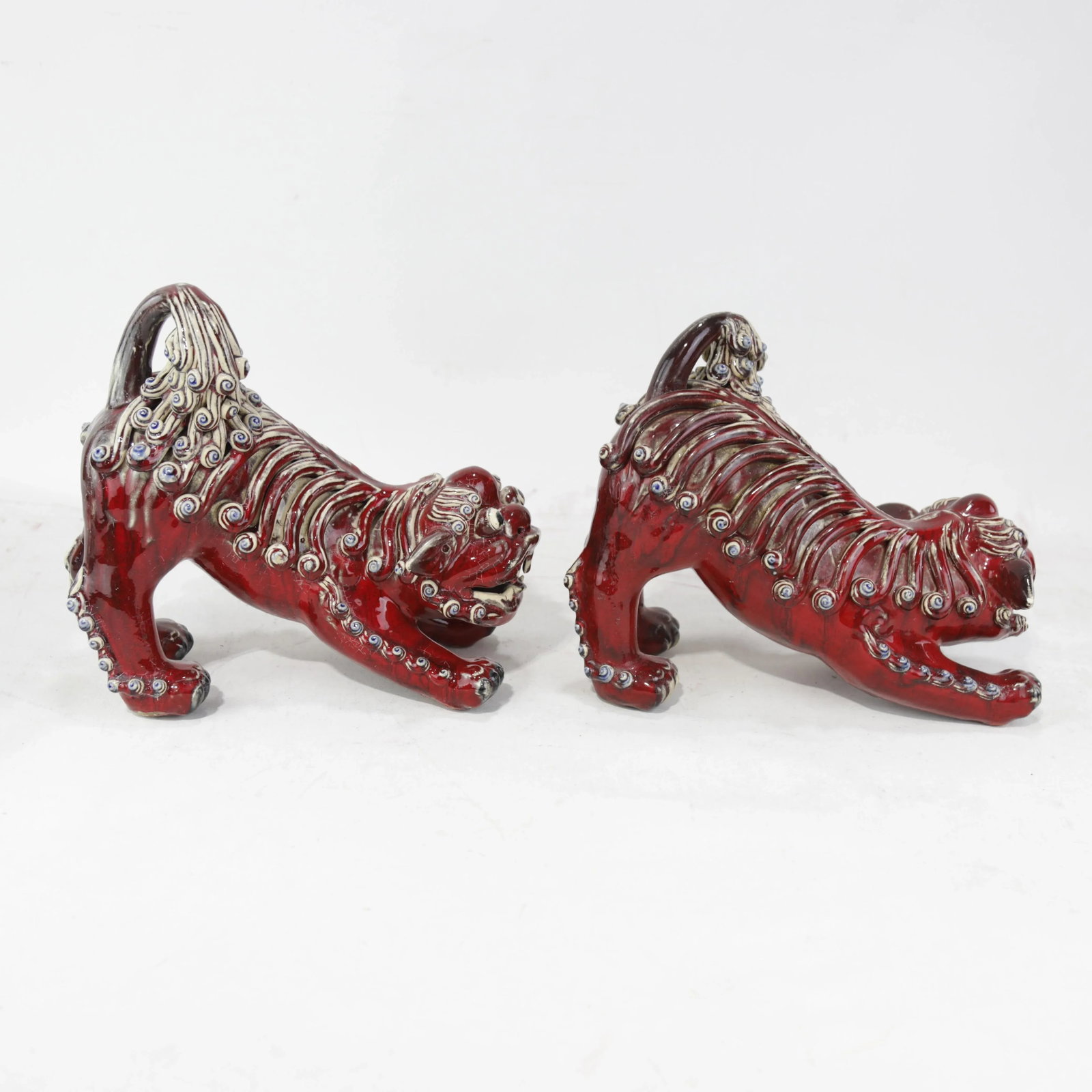 Pair of Chinese Shiwan Guangdong Red Porcelain Foo Dogs - 5