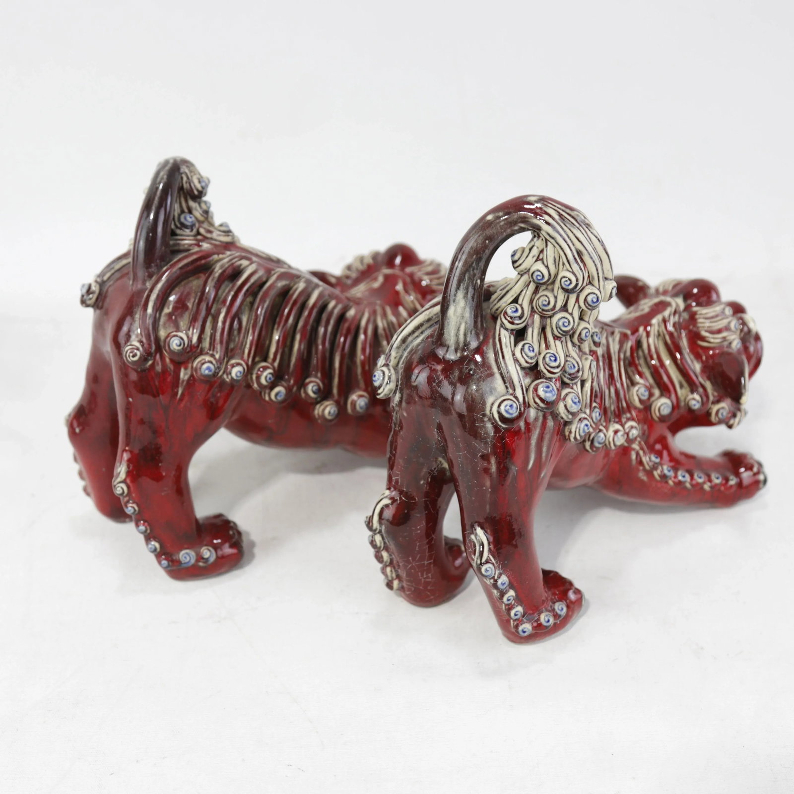 Pair of Chinese Shiwan Guangdong Red Porcelain Foo Dogs - 6