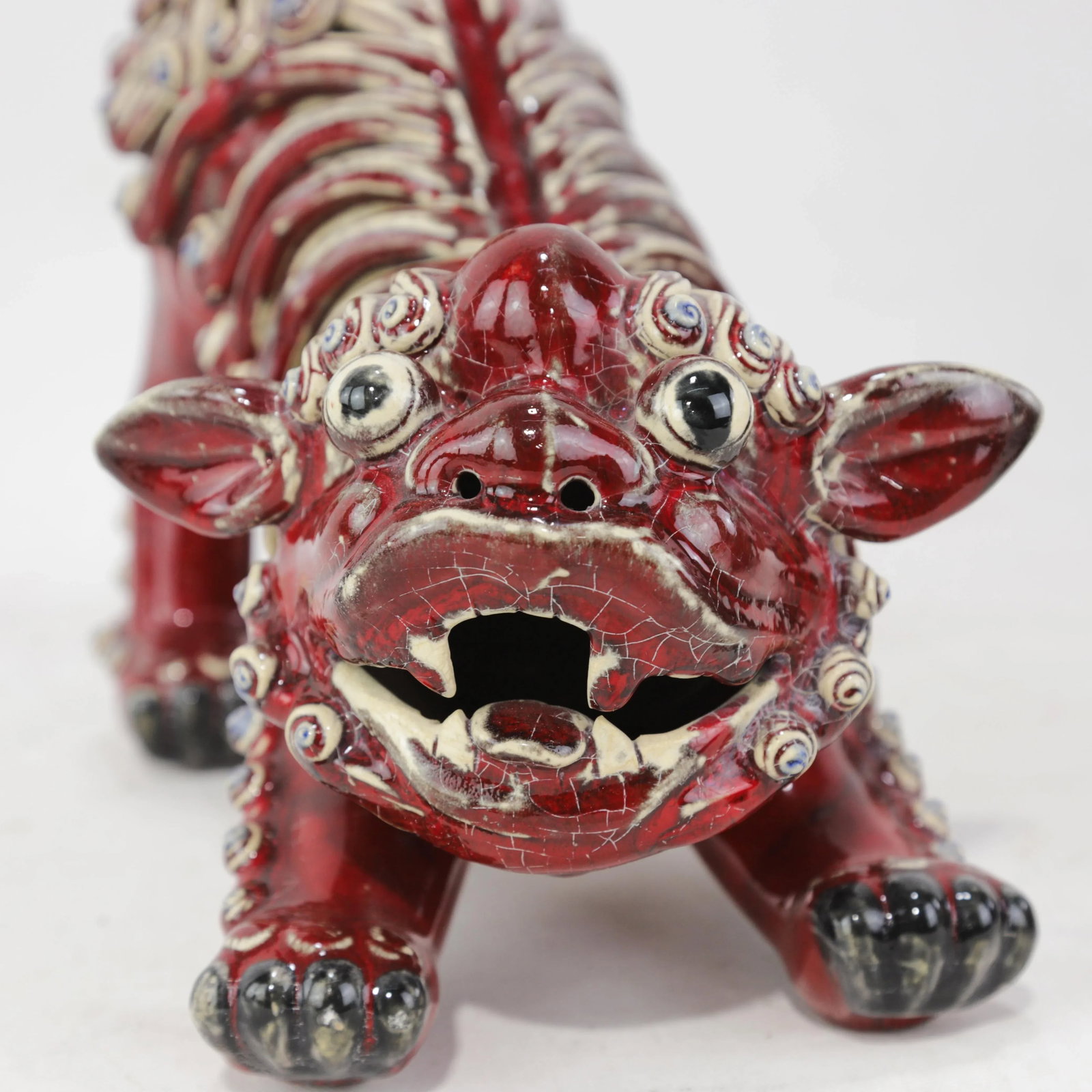Pair of Chinese Shiwan Guangdong Red Porcelain Foo Dogs - 7