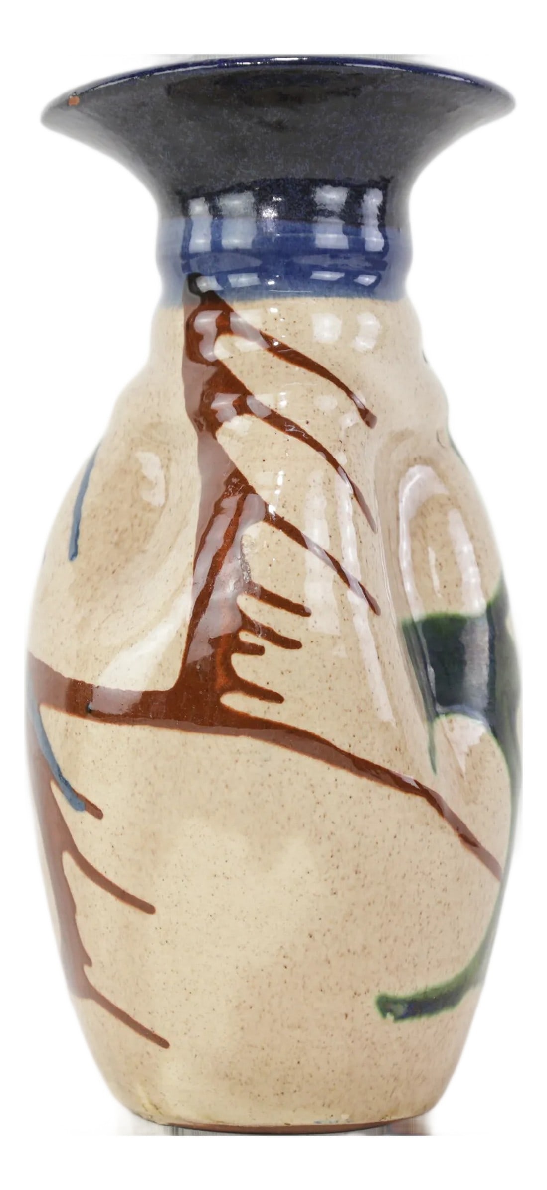 Vintage Handcrafted Pottery Vase With Abstract Glaze Design and Flared Rim: A vintage pottery vase featuring an expressive hand-painted abstract glaze design in earthy tones of brown, blue, and green over a textured beige body. The flared rim and organic form highlight the