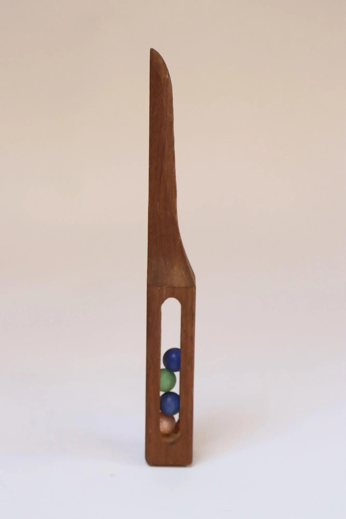 Folk Art Hand-Carved Whimsy "Ball in Cage" Letter Opener With Glass Marbles - 2
