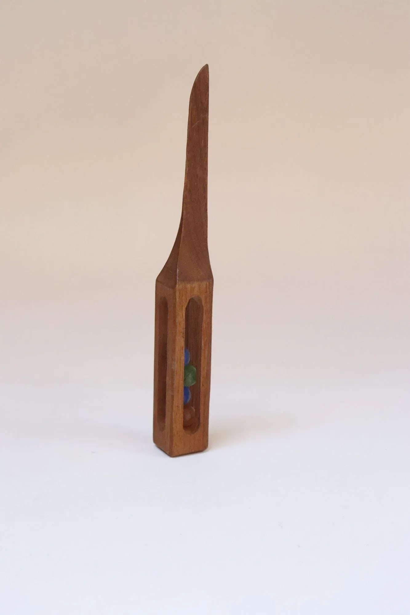 Folk Art Hand-Carved Whimsy "Ball in Cage" Letter Opener With Glass Marbles - 4