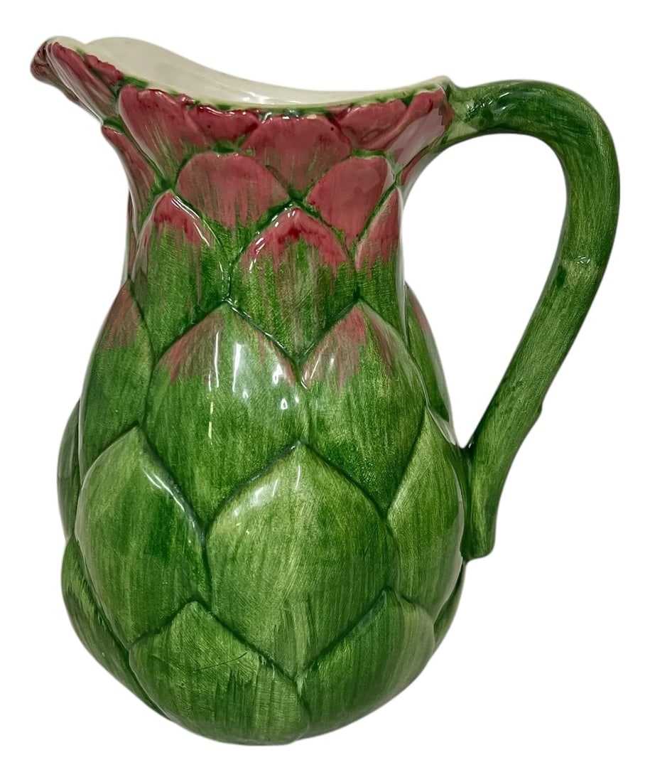 Vintage Hand Painted Majolica Artichoke Pitcher Italian Valli Ceramiche: Vintage Italian hand painted artichoke pitcher. Marked Villa Ceramiche, Italy. Measures 7.5" w x 6" d x 9" h. Condition: Alterations: Original Condition Unaltered Imperfections: Some Imperfections