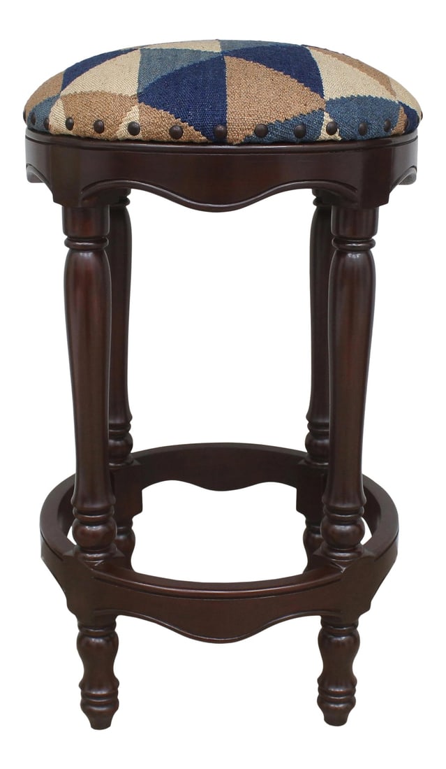 Shabby Chic Tribal Kilim Wood Bar Stool: Stylish sophisticated and out of ordinary handmade bar stool crafted by skilled artisans using vegetable dyed hand-woven Tribal Tribal Kilim wool rug and wood is a multi-purpose fashion bar stool