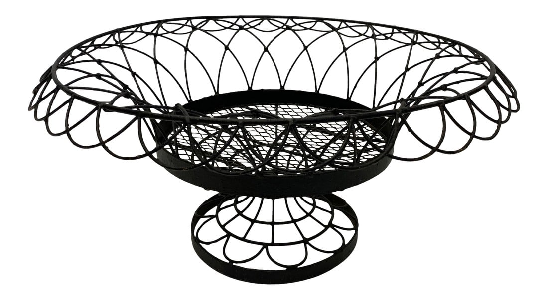 Vintage French Large Woven Black Metal Basket Centerpiece: A large beautifully shaped woven black steel basket, great in the center of a table. Condition: Alterations: Original Condition Unaltered Imperfections: Some Imperfections Condition Notes: Good. Wear
