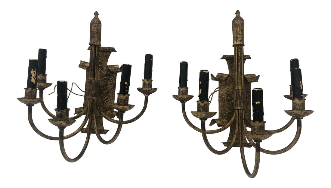 Aged Bronze Patina Metal 5-Arm Sconces - a Pair: Unusual and striking pair of handsome 5-arm electrified candle sconces having bronze and black rubbed iron with shield style backs decorative regal finials. Condition: Alterations: Original Condition