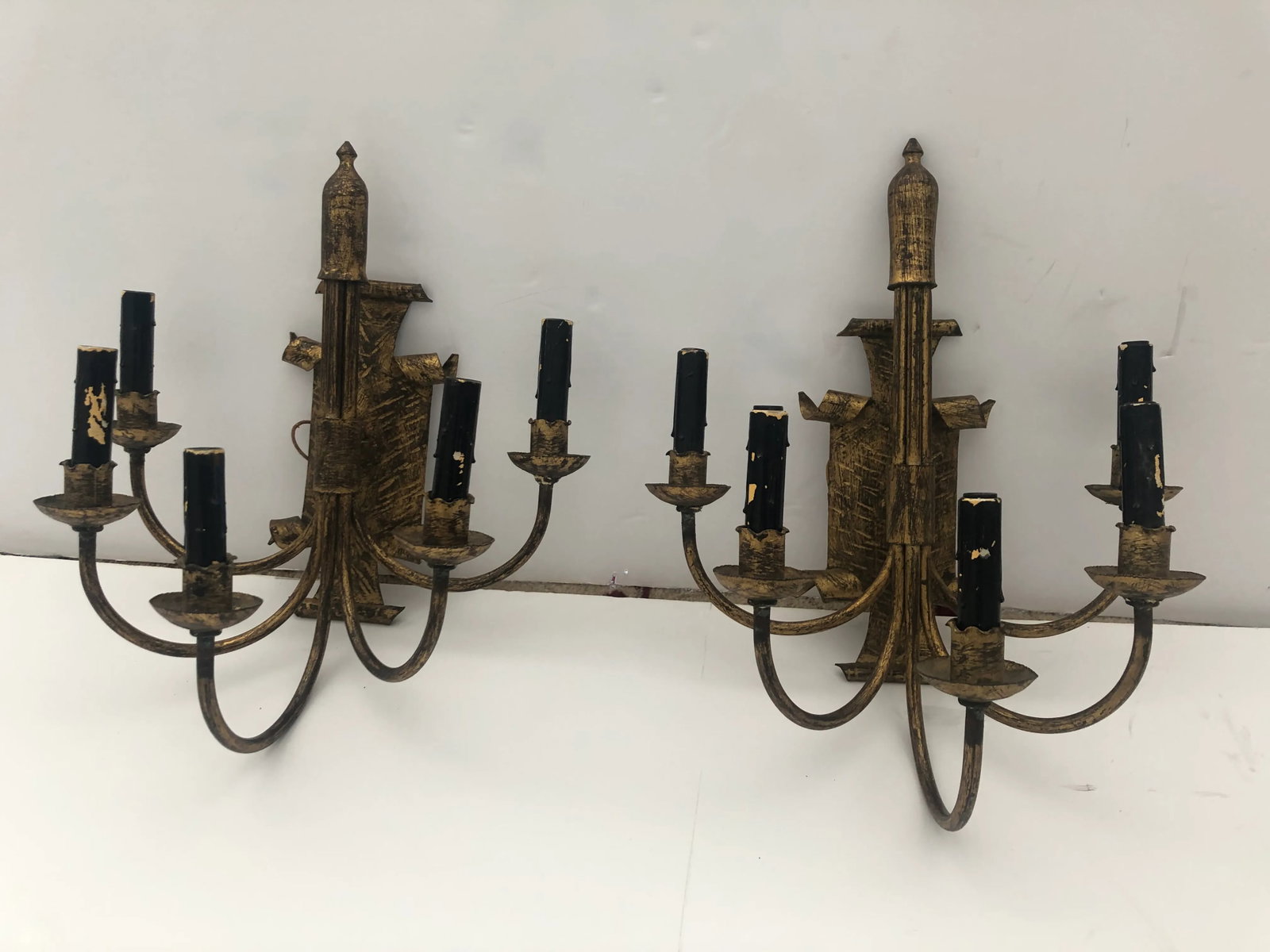 Aged Bronze Patina Metal 5-Arm Sconces - a Pair - 6