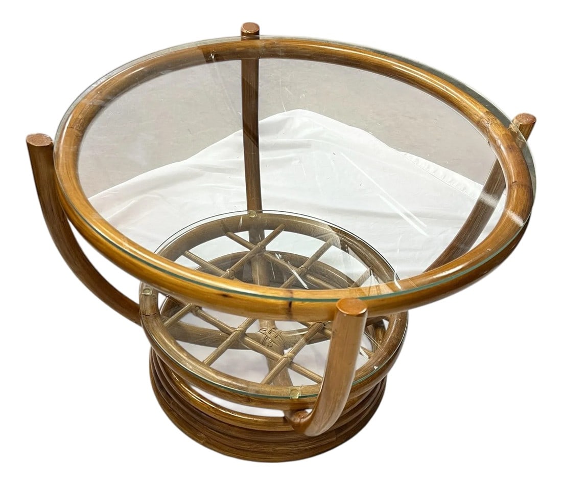 Vintage 1970s Italian Modern Style Round Glass and Rattan Coffee Side Table: Vintage 1970s two tier modern design Italian style glass and rattan coffee or side table. Glass lifts off for easy cleaning. Measures 24" diameter x 18" h Condition: Alterations: Original Condition Un