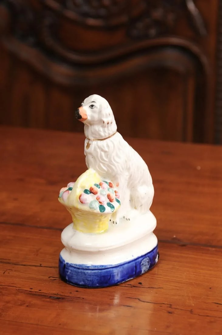 Mid 20th Century Petite English Michael Davis Porcelain Dog with Fruit Basket and Blue Oval Base - 10