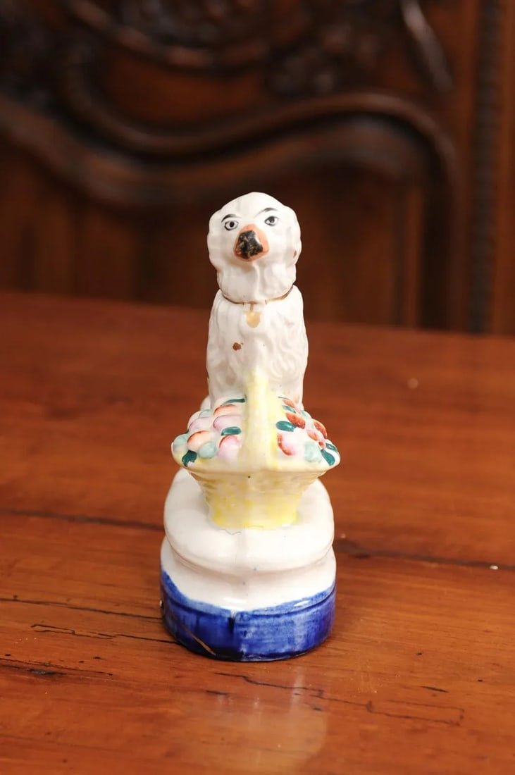 Mid 20th Century Petite English Michael Davis Porcelain Dog with Fruit Basket and Blue Oval Base - 11