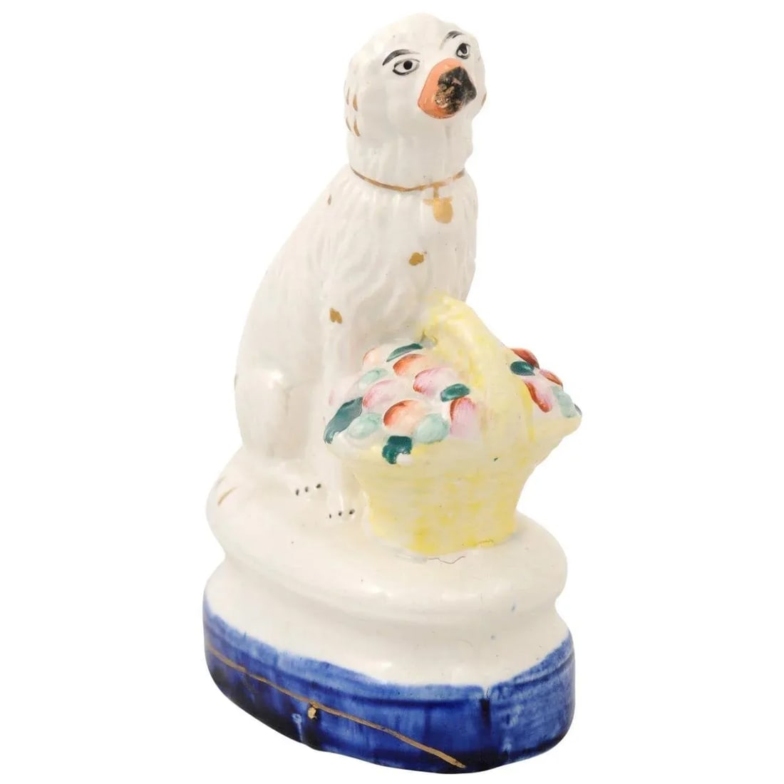 Mid 20th Century Petite English Michael Davis Porcelain Dog with Fruit Basket and Blue Oval Base - 12