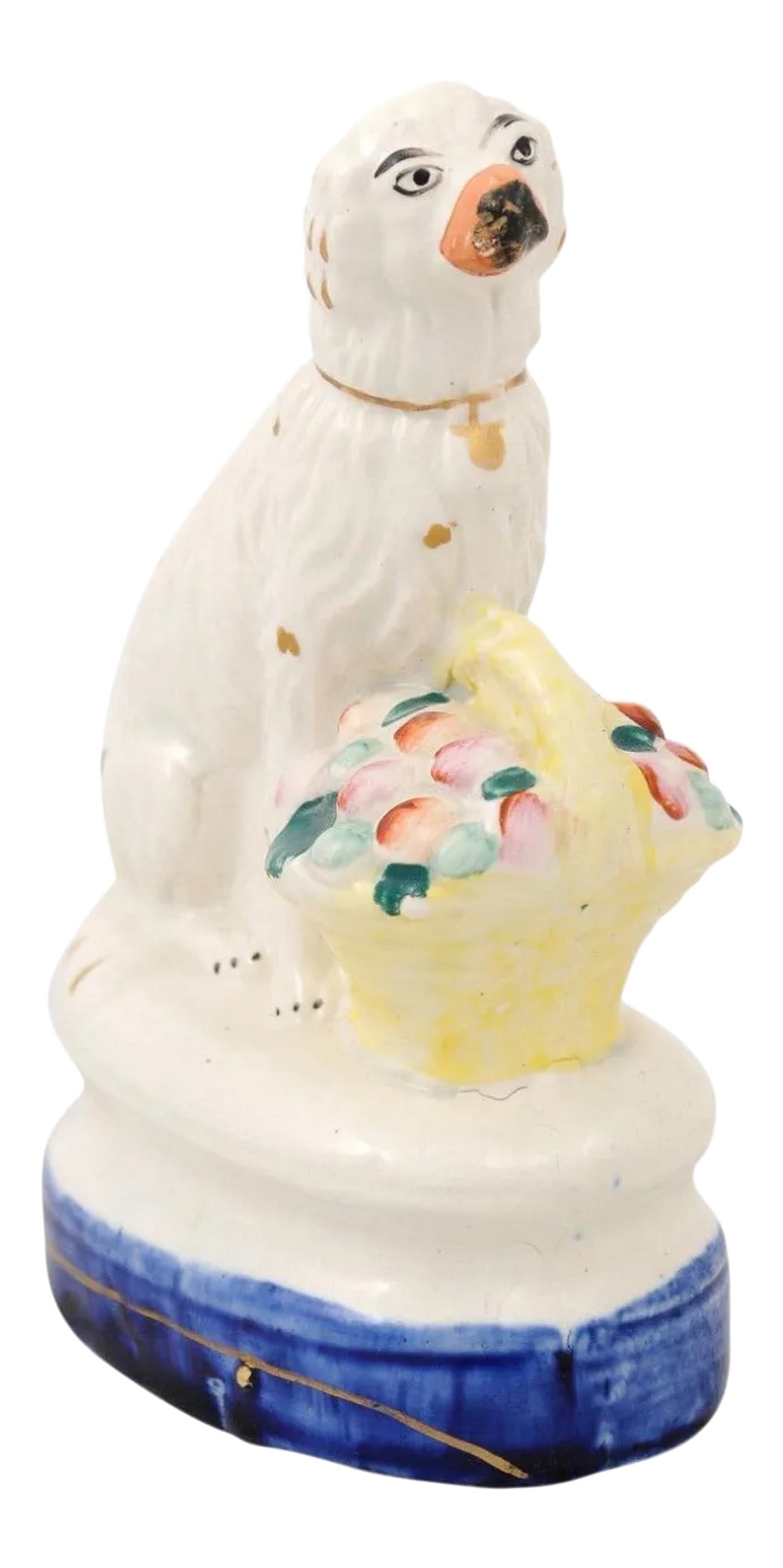 Mid 20th Century Petite English Michael Davis Porcelain Dog with Fruit Basket and Blue Oval Base (1 of 12)