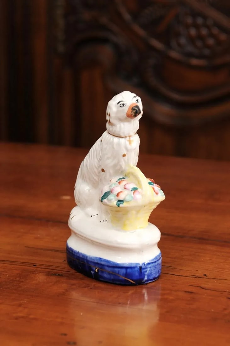 Mid 20th Century Petite English Michael Davis Porcelain Dog with Fruit Basket and Blue Oval Base - 2