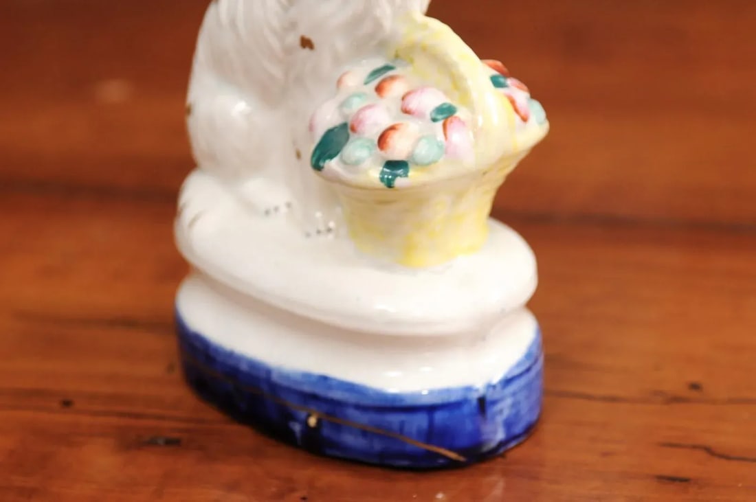 Mid 20th Century Petite English Michael Davis Porcelain Dog with Fruit Basket and Blue Oval Base - 6
