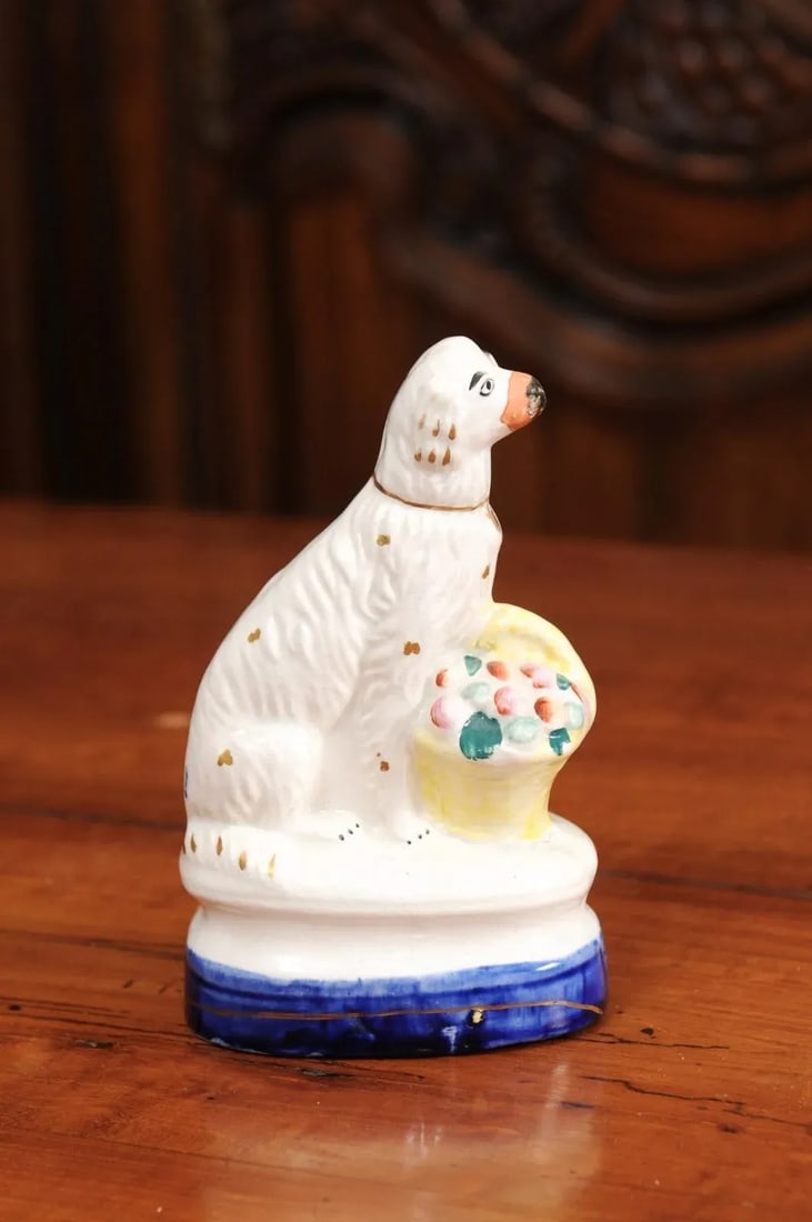 Mid 20th Century Petite English Michael Davis Porcelain Dog with Fruit Basket and Blue Oval Base - 7