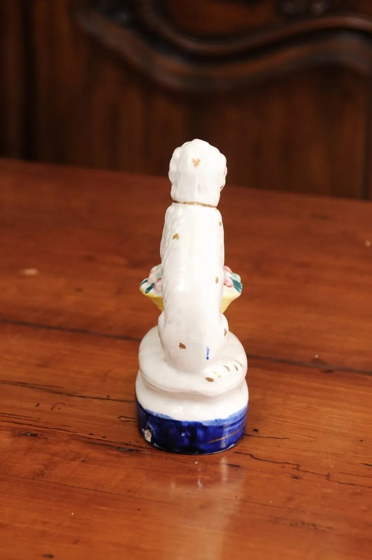 Mid 20th Century Petite English Michael Davis Porcelain Dog with Fruit Basket and Blue Oval Base - 8
