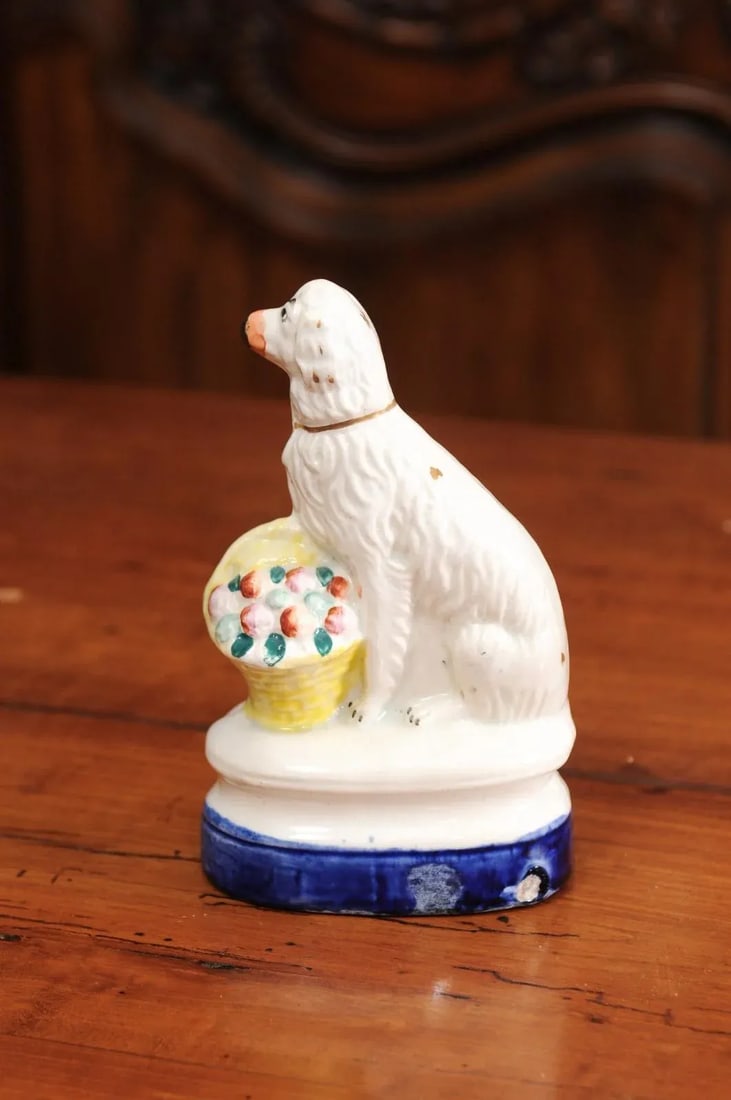 Mid 20th Century Petite English Michael Davis Porcelain Dog with Fruit Basket and Blue Oval Base - 9