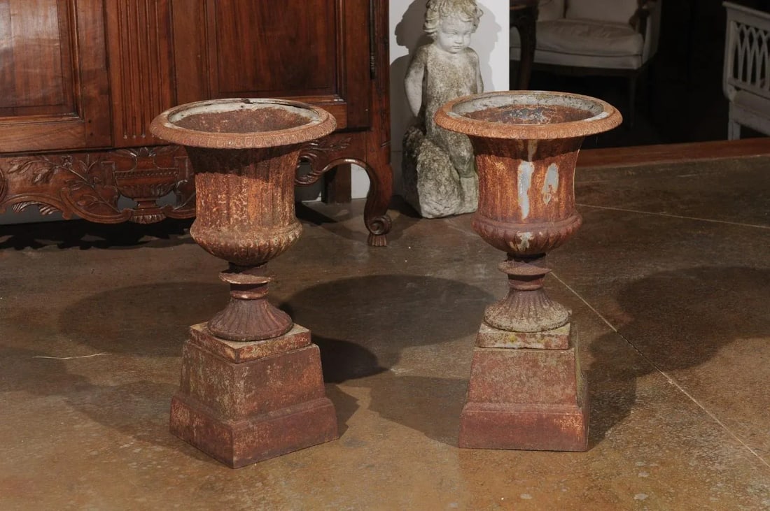 French 19th Century Iron Médicis Vases on Stepped Pedestals with Patina - A Pair - 2