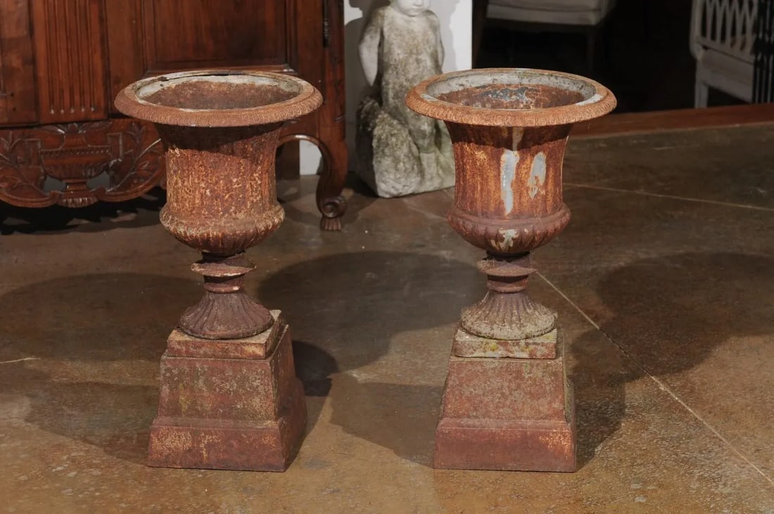 French 19th Century Iron Médicis Vases on Stepped Pedestals with Patina - A Pair - 6