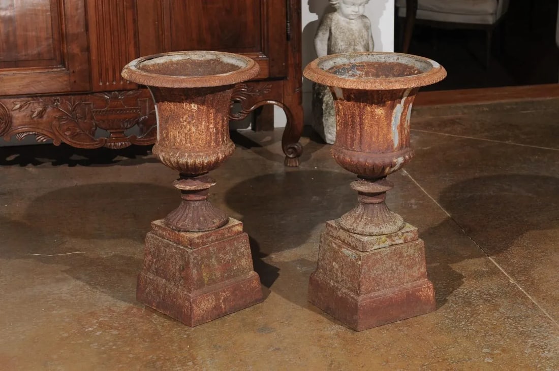 French 19th Century Iron Médicis Vases on Stepped Pedestals with Patina - A Pair - 7