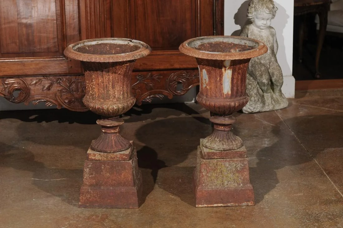 French 19th Century Iron Médicis Vases on Stepped Pedestals with Patina - A Pair - 9