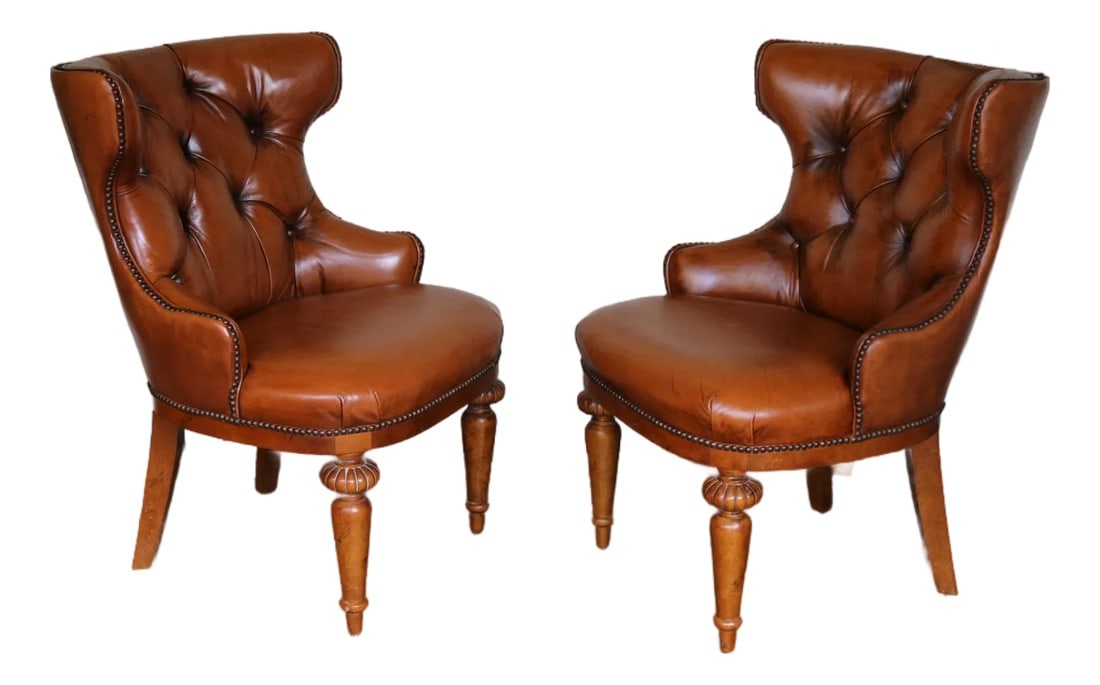 Vintage Pair of Brown Leather Tufted Side Chairs by Century Furniture (1 of 17)