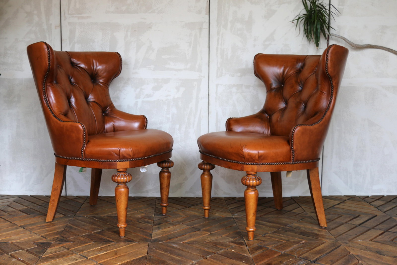 Vintage Pair of Brown Leather Tufted Side Chairs by Century Furniture - 2