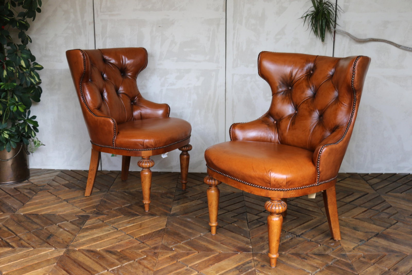 Vintage Pair of Brown Leather Tufted Side Chairs by Century Furniture - 3