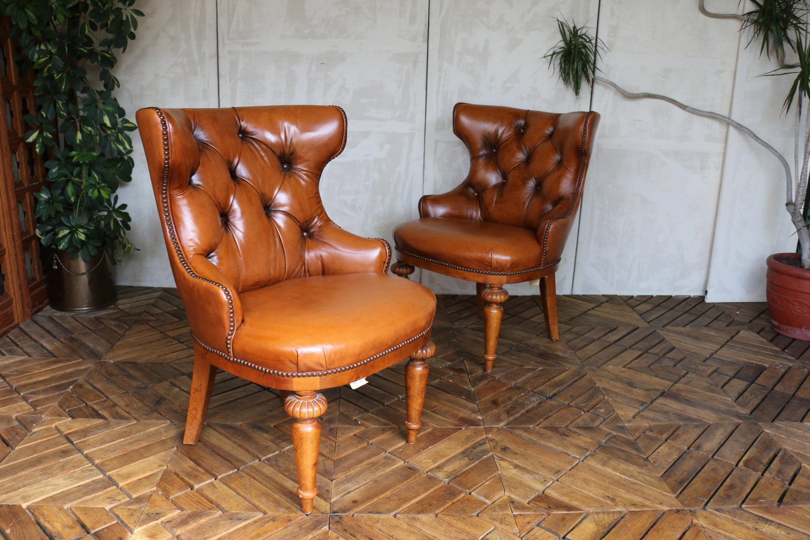 Vintage Pair of Brown Leather Tufted Side Chairs by Century Furniture - 4