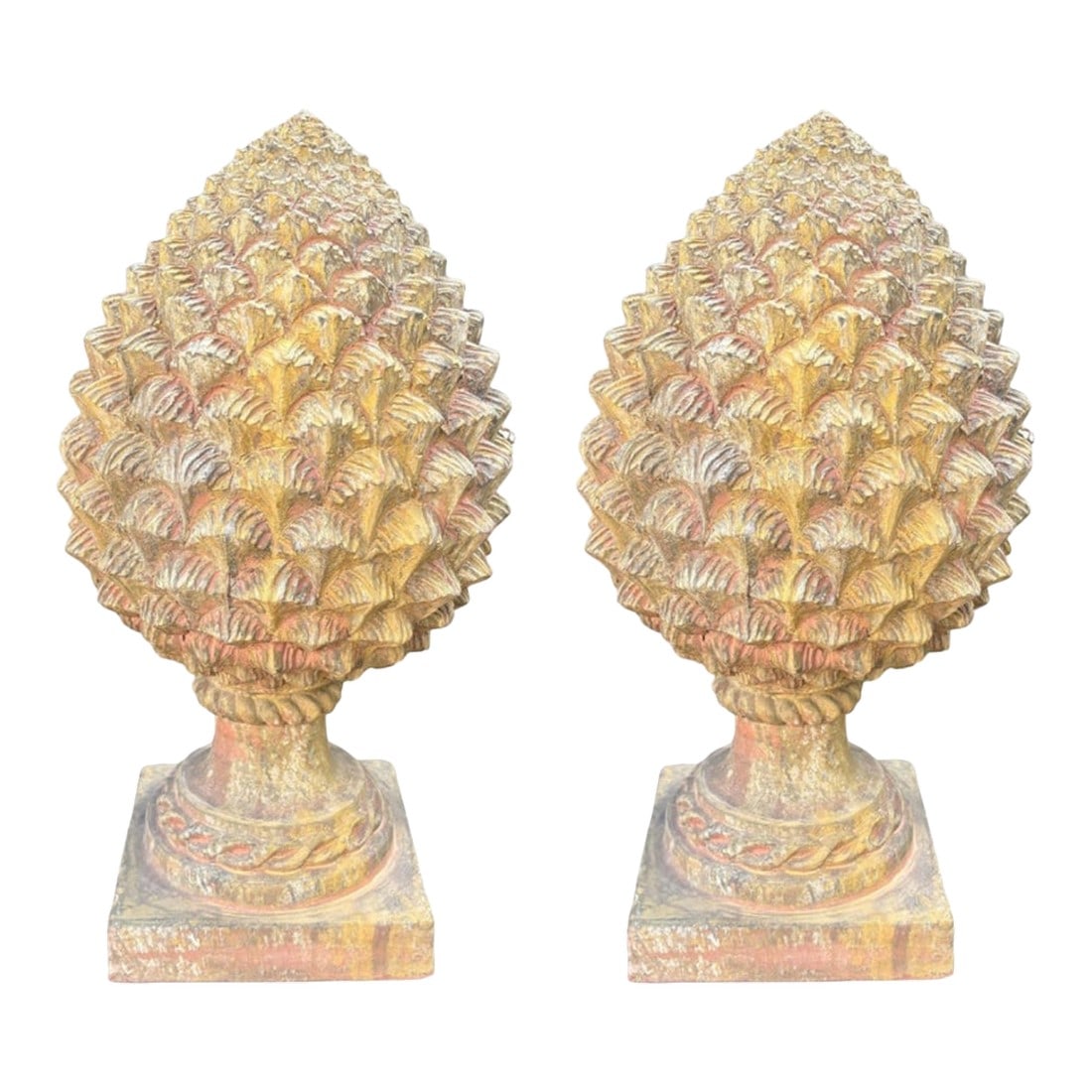 Pair of Italian Terracotta Artichokes: Pair Of Italian Terracotta Artichokes. Offered is a great pair of large well detailed Italian terra cotta artichokes or pinecones. These lovely ornaments would be a lovely addition to the front