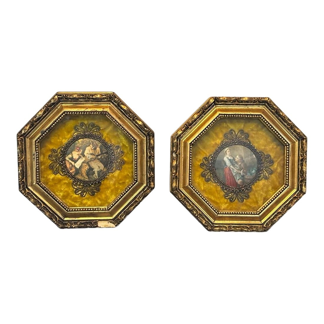 Mid 20th Century Pair "• Italian Florentine Octagonal Miniature Plaques "” 8.25": A beautiful mid-century Italian Florentine pair, each featuring a giltwood octagonal frame, ornate brass appliqué, and a classic Rococo courting-scene miniature. The original mustard