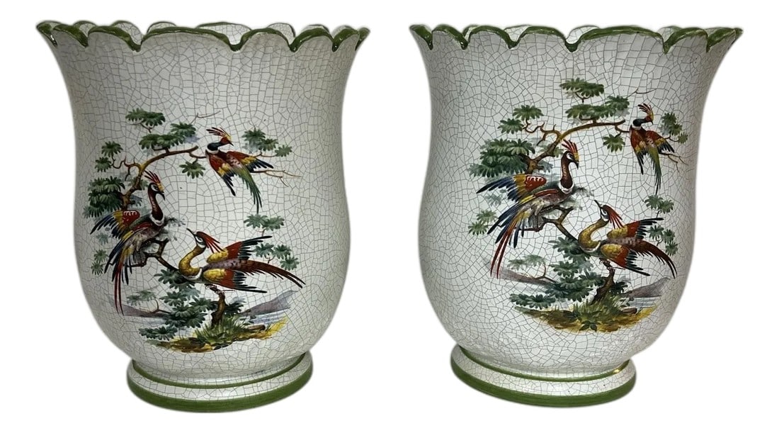 Meiselman Made in Portugal Vases Cache Pot - A Pair: Vintage Meiselman Portugese portraying bird scenes. Two matching scenes on one side and two different scenes on another. Each vase has intentional crazing and scalloped edge highlighted in green.